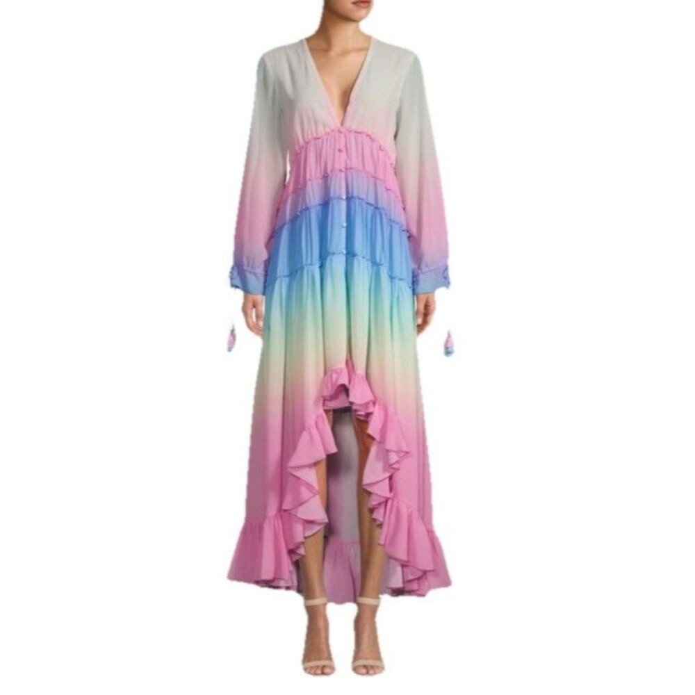 NWOT Rococo Sand Ombre Rainbow Tiered Ruffle Resort Maxi Dress Sz M